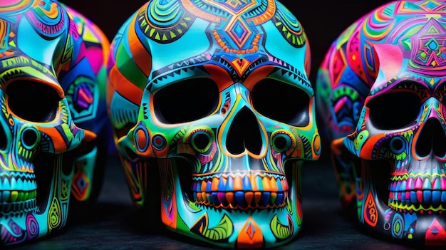 Three Brightly Colored Skulls Sitting Together