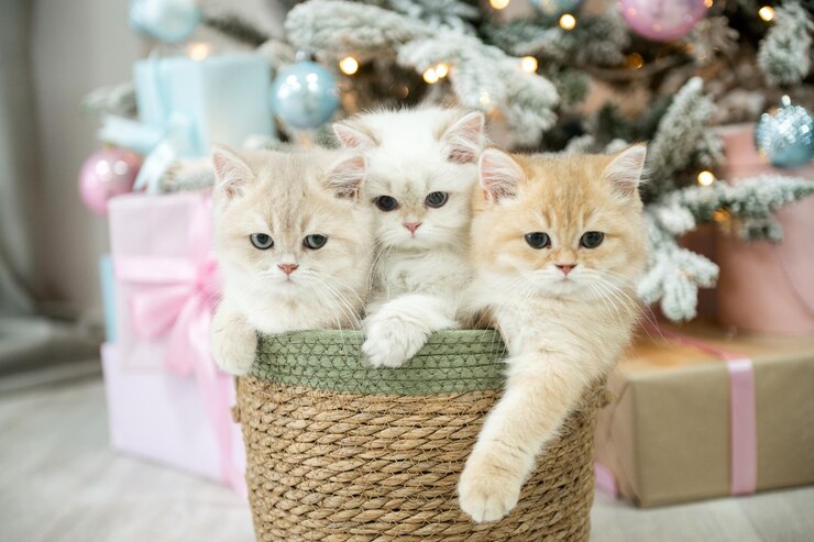 Photo three british chinchilla kittens are sitting in a basket under a christmas tree with gifts