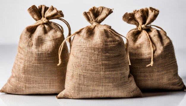 Photo three brown burlap sacks tied with rope