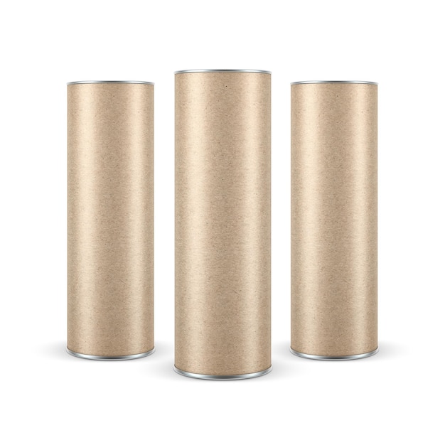 Three brown Kraft paper Snack Tubes TIN CAN Mockup, 3d rendering