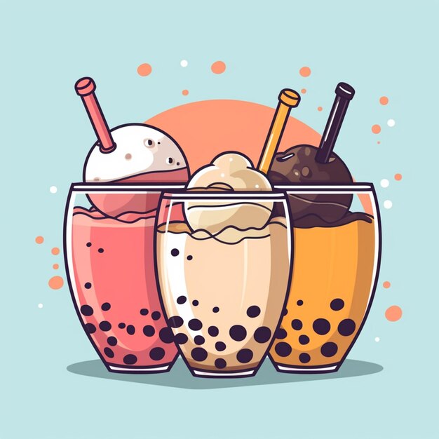 Photo three bubble tea drinks with different flavors and flavors generative ai