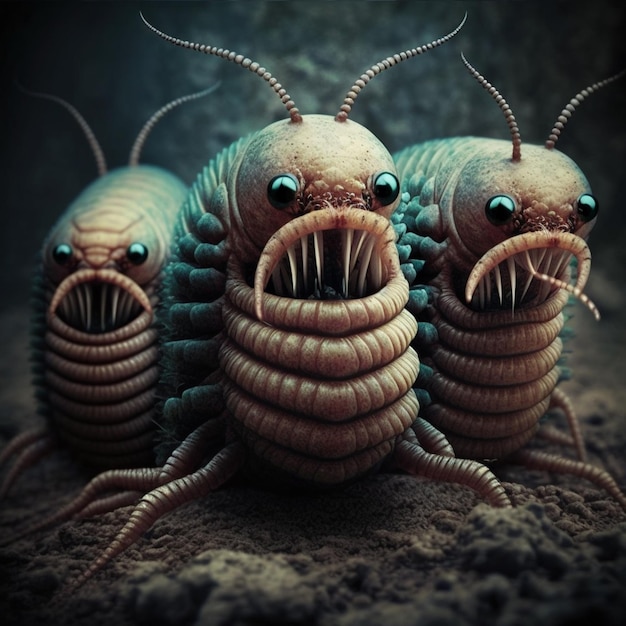 Three bug heads with sharp teeth are on the ground.