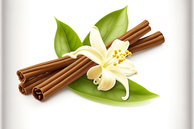 Photo three bundle of dry vanilla beans with orchid flower