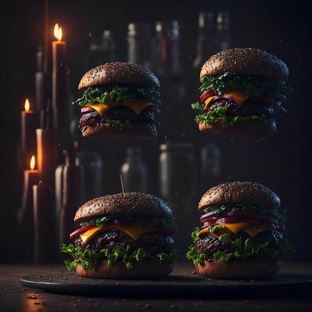 Three burgers are on a plate with a candle behind them.