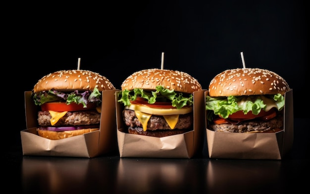 Photo three burgers from cardboard boxes on black table