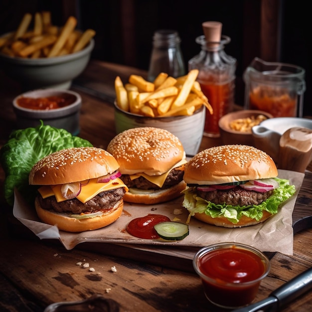 Three burgers on a table with a bowl of ketchup and a bottle of ketchup.