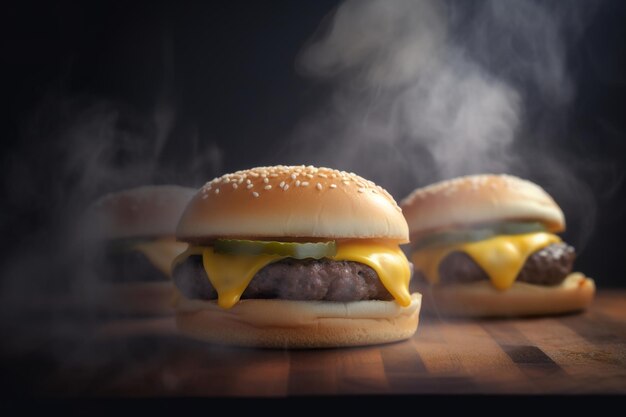 Foto tre hamburger con sopra del formaggio su una tavola di legno da cui esce del fumo