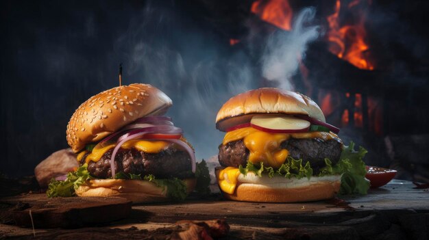 Three burgers with onions and cheese on them sit on a grill with a fire in the background.