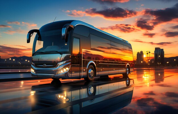 three buses on the highway at sunrise