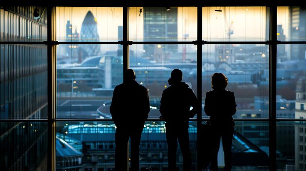 Photo three business people looking out at the city from a skyscraper window they are all wearing suits and ties the window is reflecting the city lights