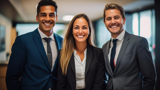 Three business people standing with each other in an office in business suit