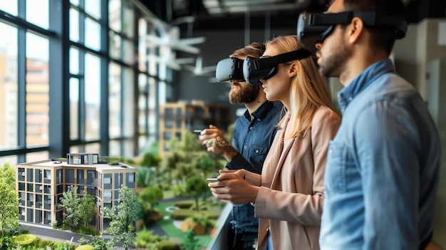 Three business people wearing virtual reality headsets and looking at a 3D model of a building