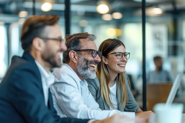 Three businessmen in an blurred office with colleagues talking