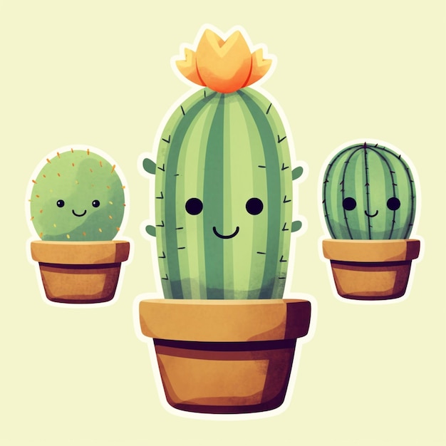 Photo three cactus plants with faces and a flower in a pot generative ai