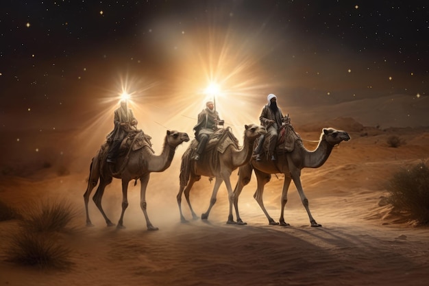 Three Camels Journeying to a Star in Biblical Style Generative AI