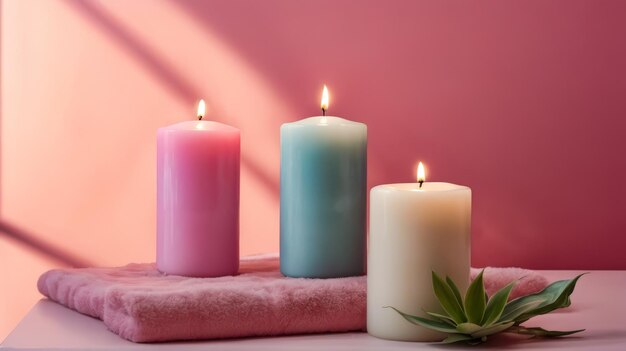 Three candles in different colors are arranged on pink background