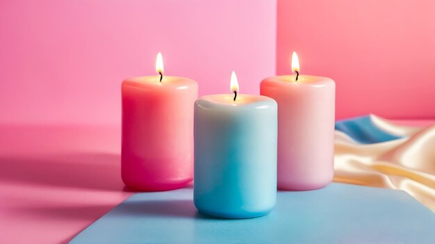 Three candles in different colors are lit on top of blue table