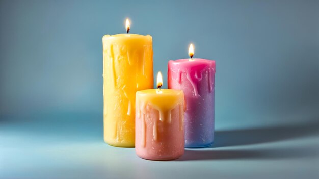 Three candles of different colors sit side by side on table