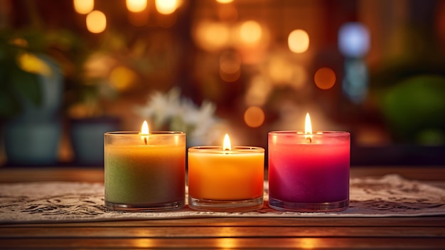 Three candles on a rustic wooden table