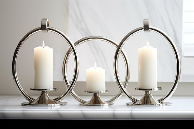 Photo three candles on a silver stand in front of a window