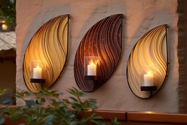 Three candles on a wall with wood panels that say's'a '