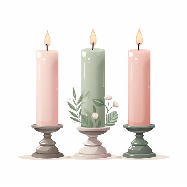 Photo three candles with different colors and designs on them are lit generative ai