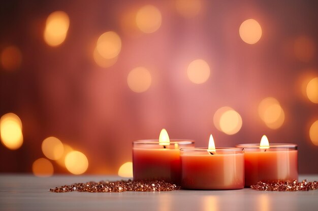 Three candles with red lights in the background and blurry background generative ai