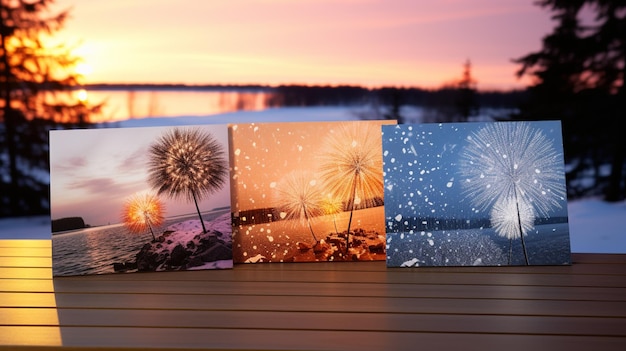 Three cards with a picture of a sunset and a lake generative ai