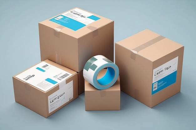 Three cartons and adhesive packing tape mock up 3d rendering