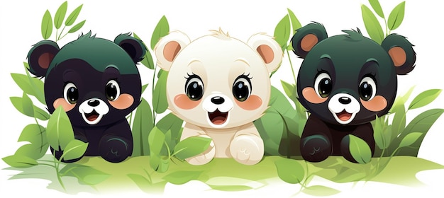 three cartoon bears are sitting in the grass with leaves generative ai