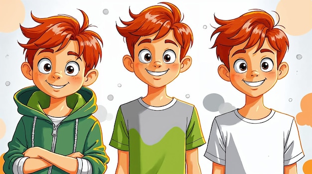 three cartoon boys smiling