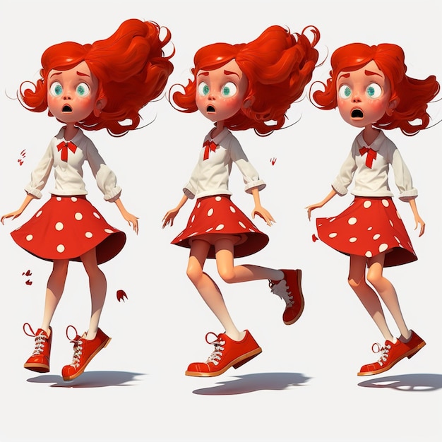 Three cartoon characters, one of which has a red skirt and the other with a white shirt with a red bow on it.