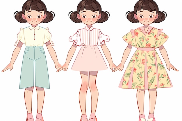 Photo three cartoon girls in dresses are standing next to each other generative ai