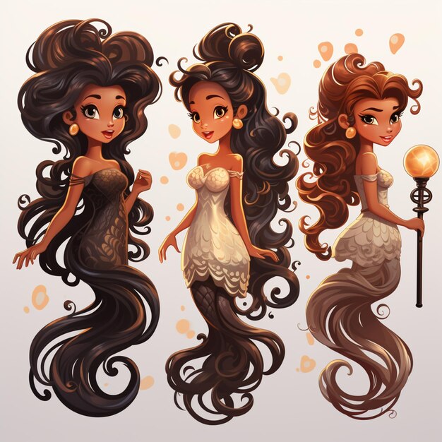 three cartoon mermaids with long hair and a lamp generativ ai