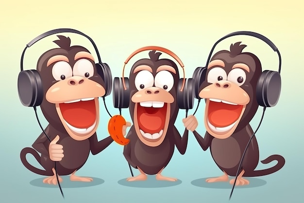 Photo three cartoon monkeys in headphones closeup ai generated