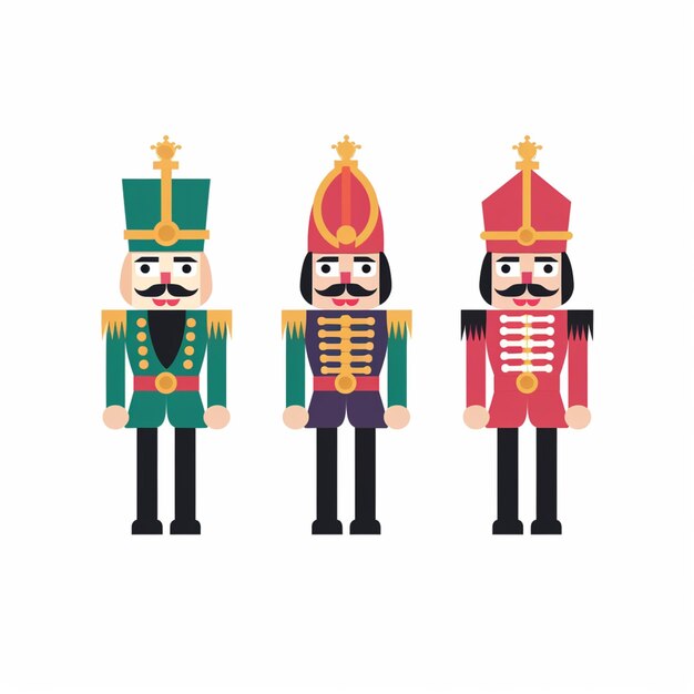 Photo three cartoon nutcrackers in different colors and sizes generative ai