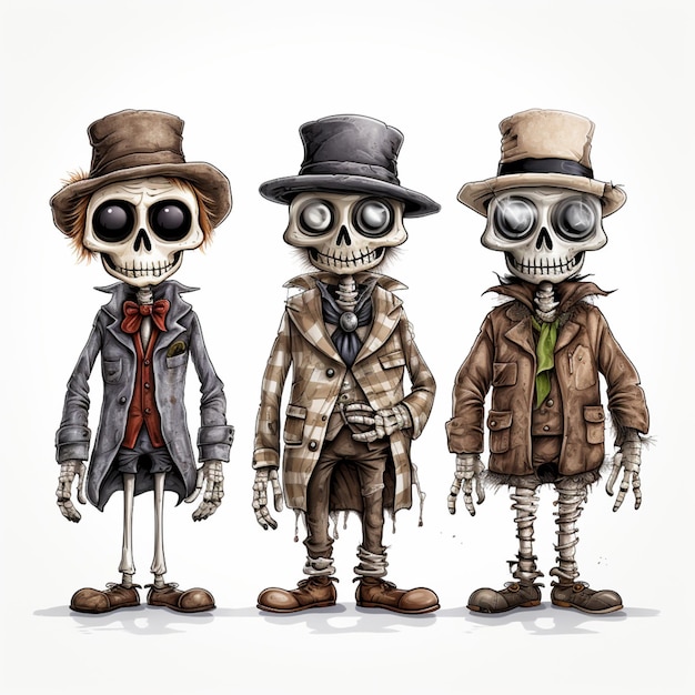 three cartoon skeletons dressed in hats and coats stand together generative ai