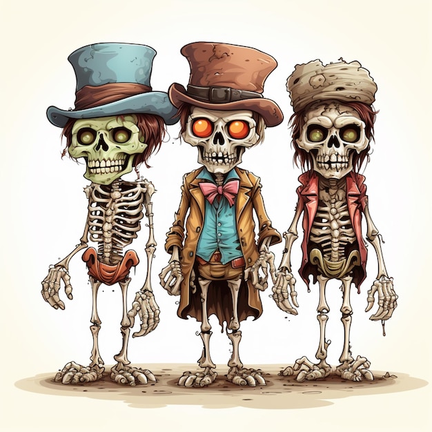 three cartoon skeletons dressed in top hats and tails with a skeleton in the middle generative ai