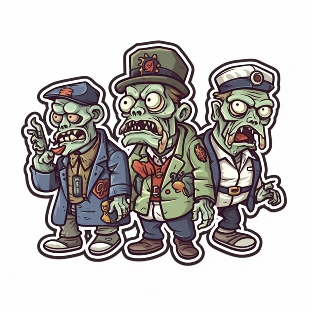 Photo three cartoon zombies dressed in military clothing and hats generative ai