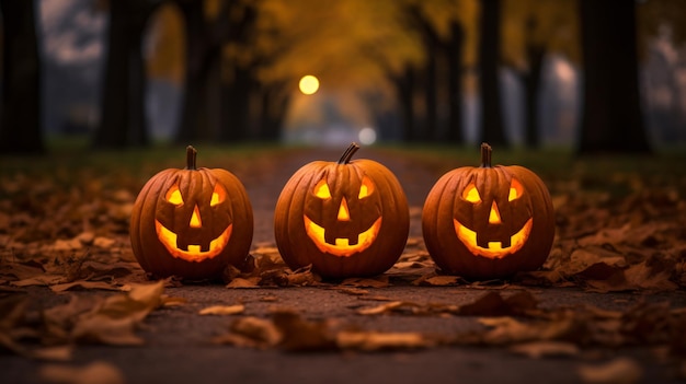 three carved pumpkins sitting on the ground