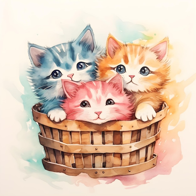 Три кота в корзине в стиле акварели, генеративный искусственный интеллект
