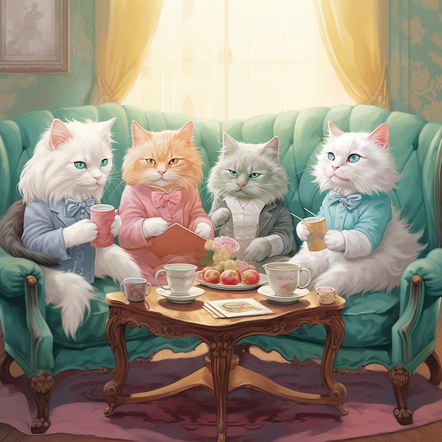 three cats are sitting on a couch and one has a tea cup in front of it.