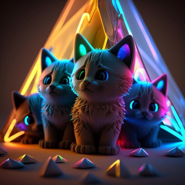 Three cats are sitting in front of a triangle with neon lights.