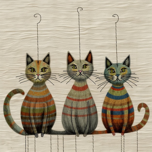 Three cats are sitting on a line with the word cat on it.