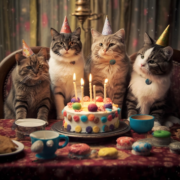 3 匹の猫がキャンドルのついたケーキを置いたテーブルに座っています。