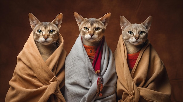 Three cats in a blanket