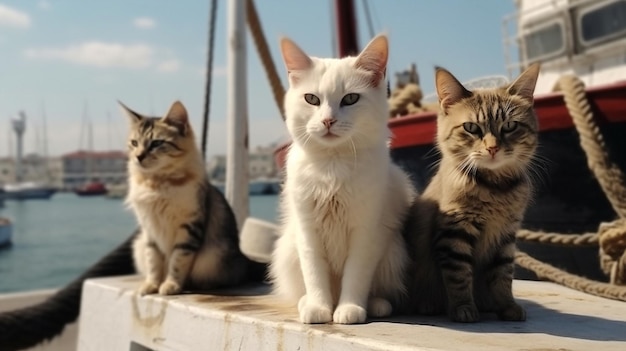 Three cats on a boat in greece