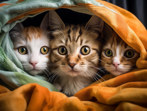 Three cats hiding behind cloth