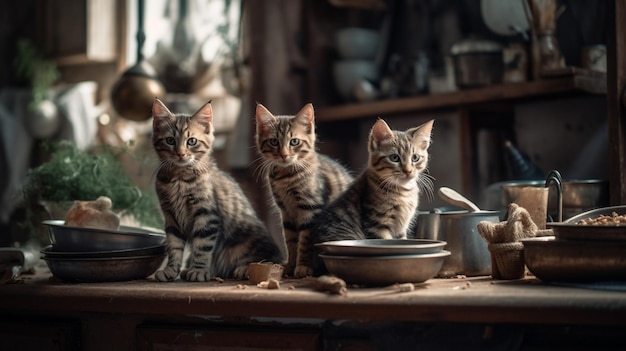 Three cats in a kitchen with a bowl of food on the table