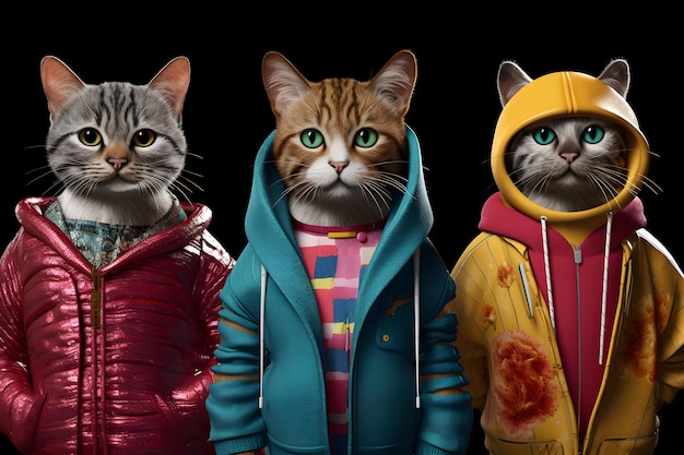 Three cats in a row wearing jackets